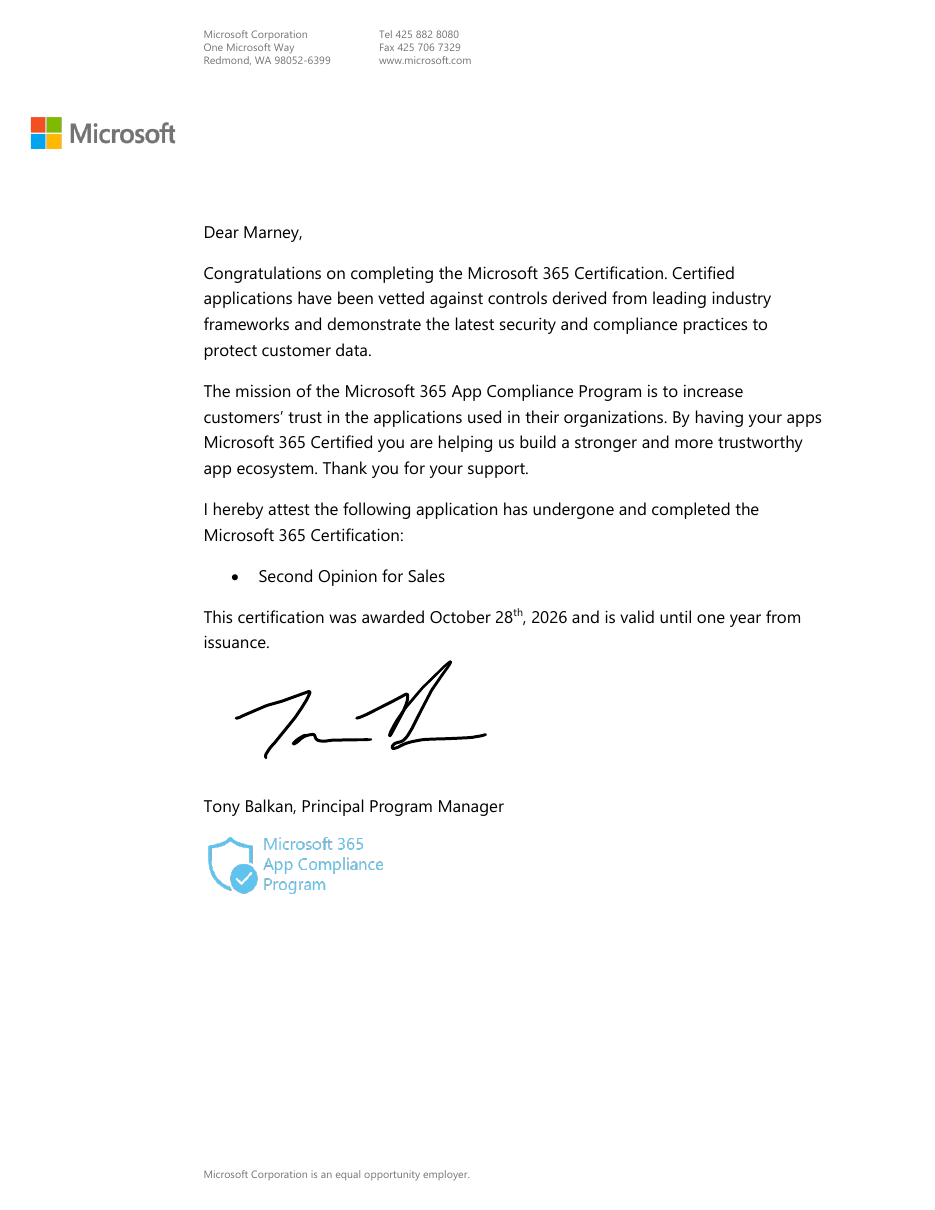 Microsoft's attestation letter confirming that Second Opinion for Sales completed Microsoft 365 Certification on October 28, 2026